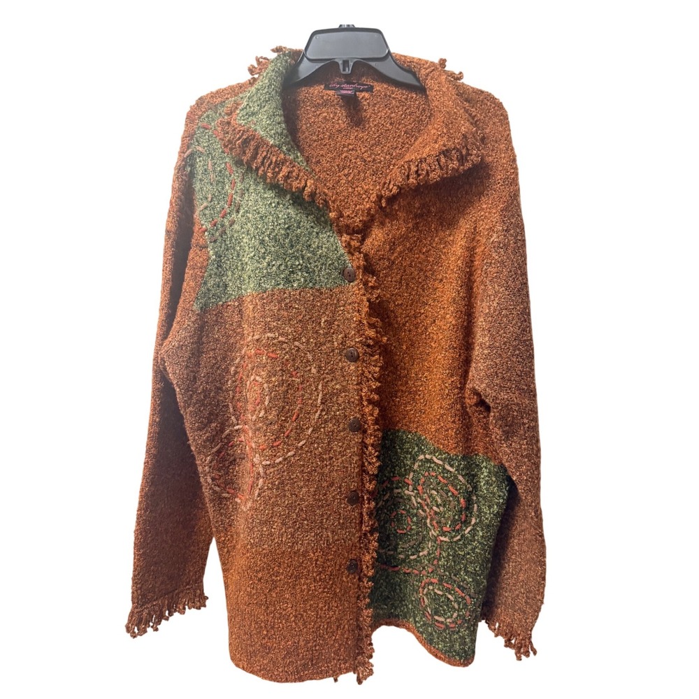 Lily Stanhope Green Brown Textured Embroidered‎ Knit Cardigan FRINGED Size 2X